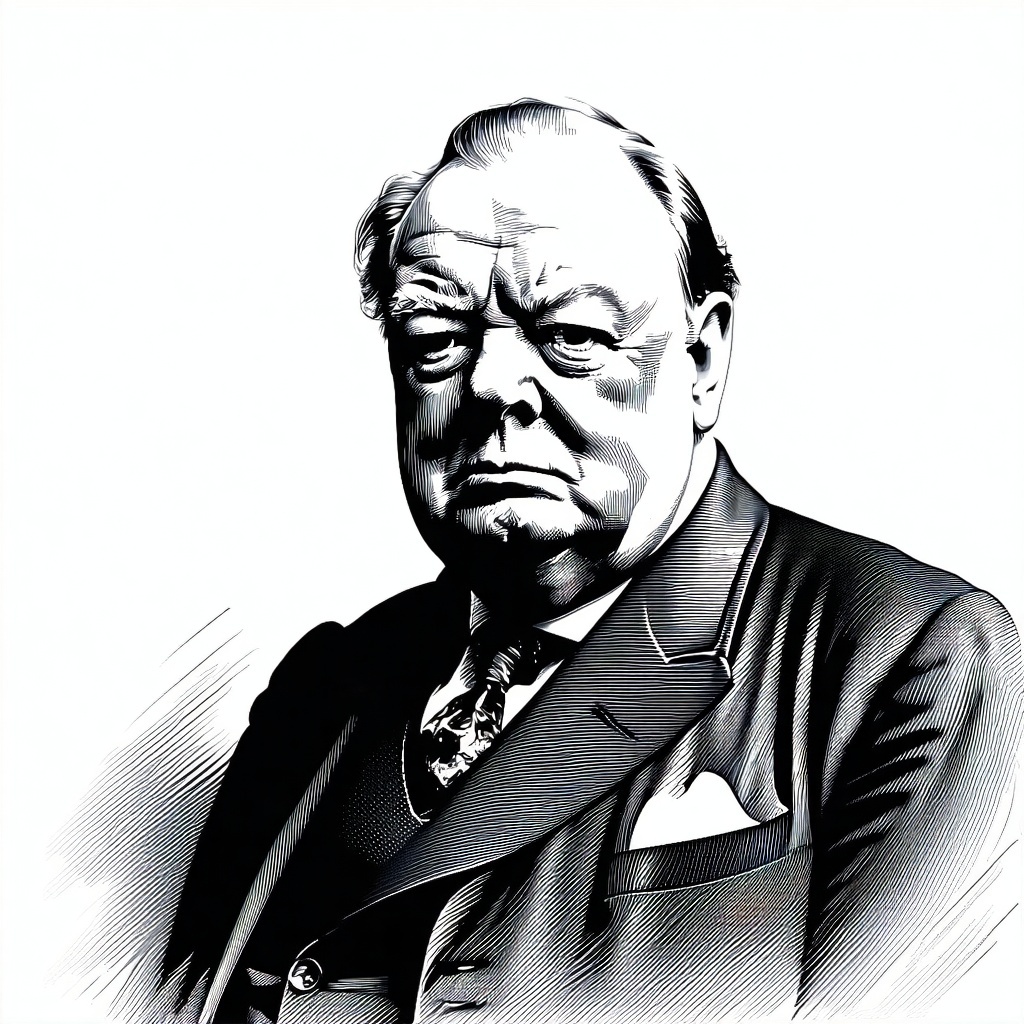 A black and white portrait of Winston Churchill with a simple background